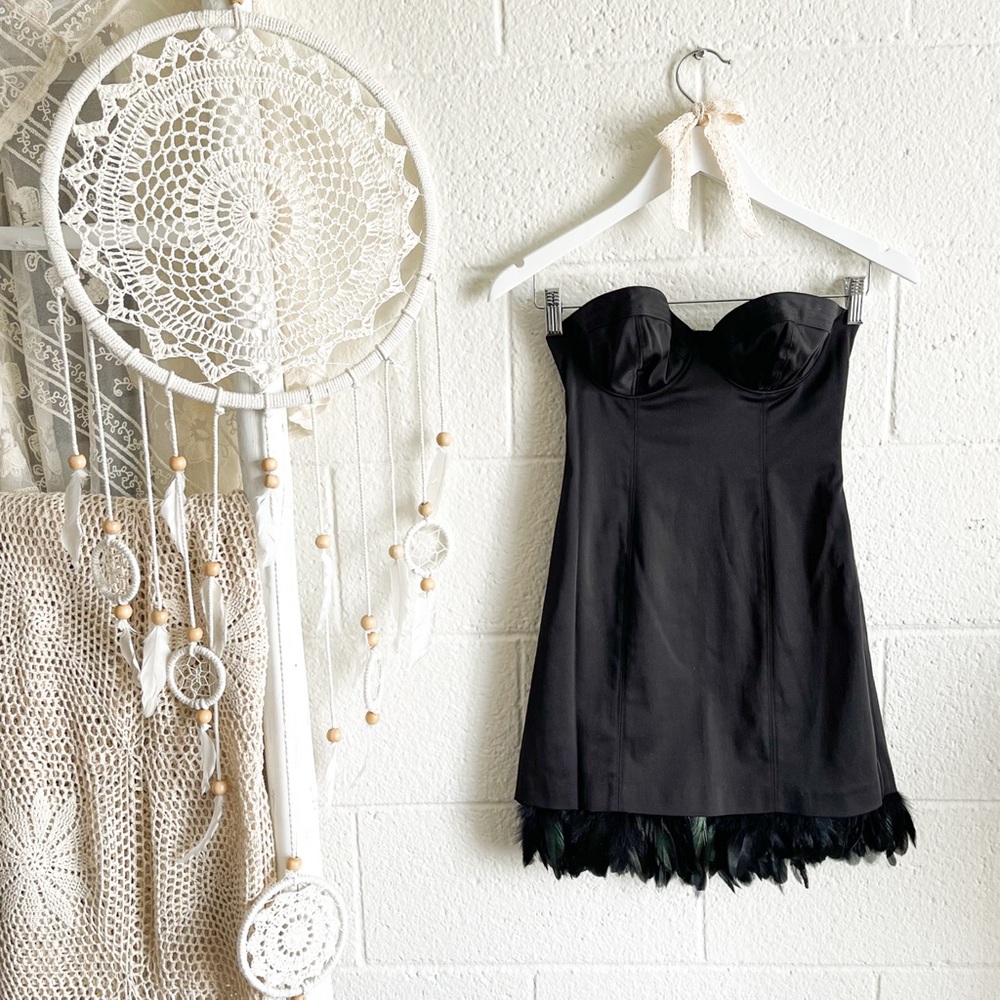 Guess Black Corset Feather Hem Mini Strapless Dress